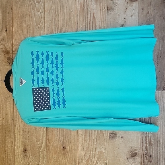 Columbia PFG Aqua Long Sleeve with Flag on Back Size Small - Picture 7 of 8